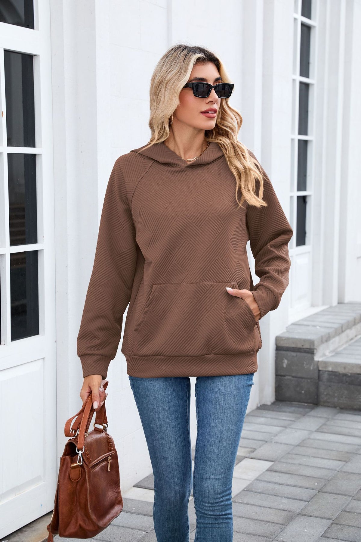 Women's Oversized Textured Hoodie Pullover with Pocket
