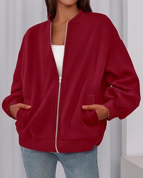 Women's Oversized Zip Up Bomber Jacket Lantern Sleeve