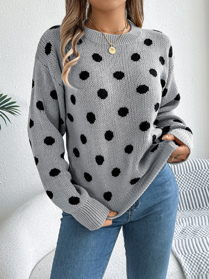 Women's Casual Contrasting Polka Dot Long-sleeved Pullover Sweater