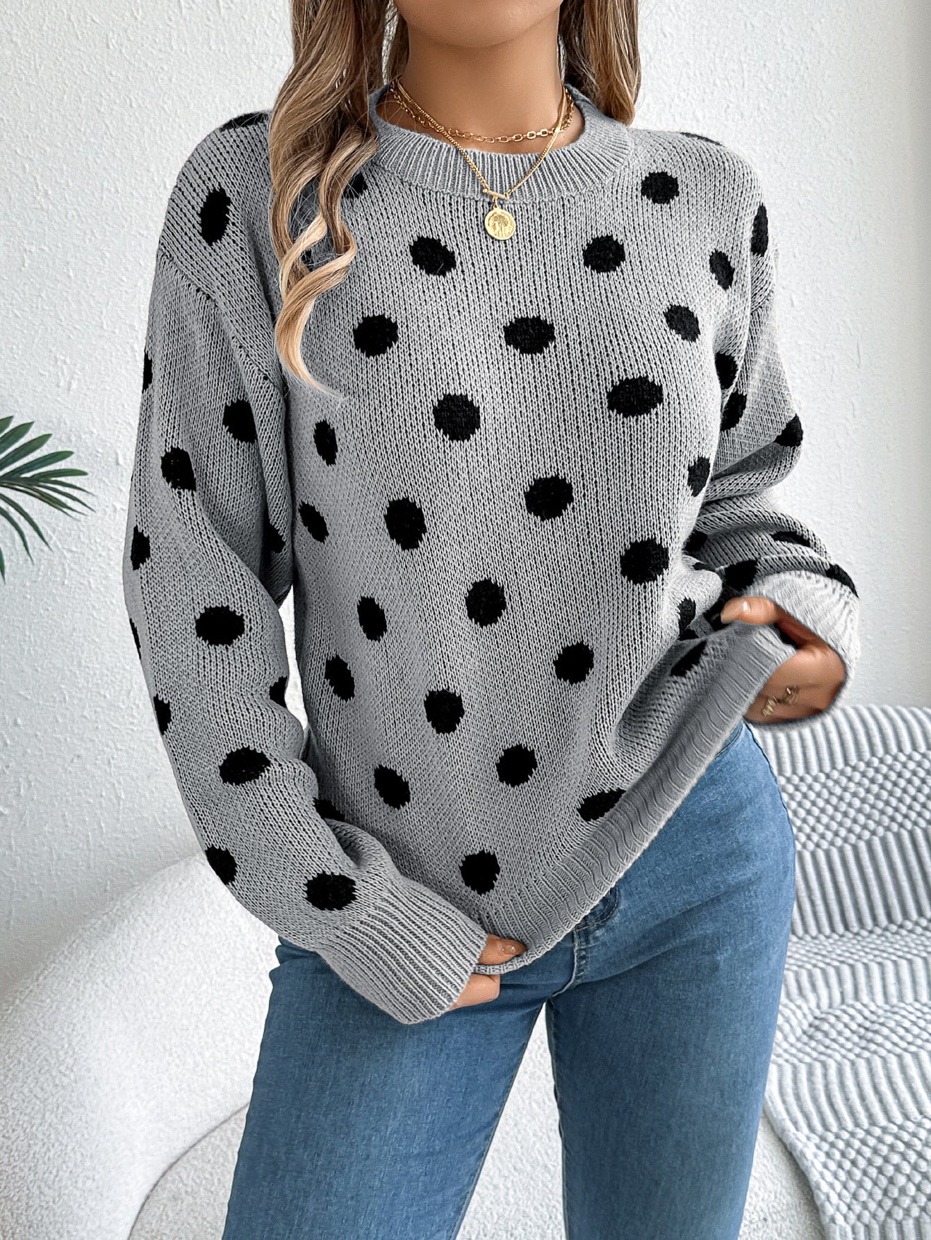 Polka Dot Knit Sweater Long Sleeve Casual Pullover