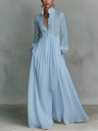 Elegant Vintage Maxi Dress Long Sleeve A-Line Button Down