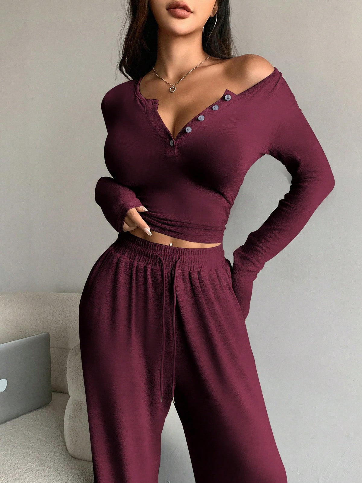 Women's Off Shoulder Button Front Knit Two Piece Pants Set