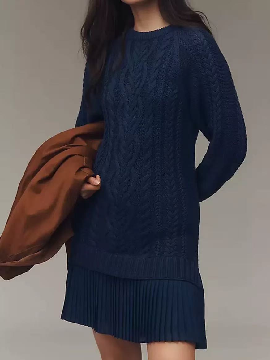 Cable Knit Sweater Dress Long Sleeve Pleated Hem