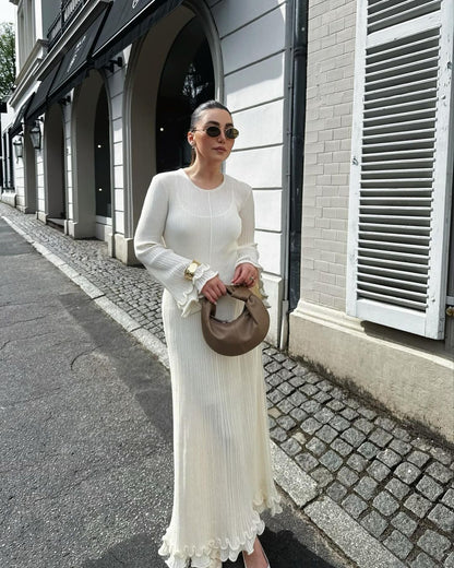 Ribbed Ruffle Maxi Dress Open Back Flare Sleeve