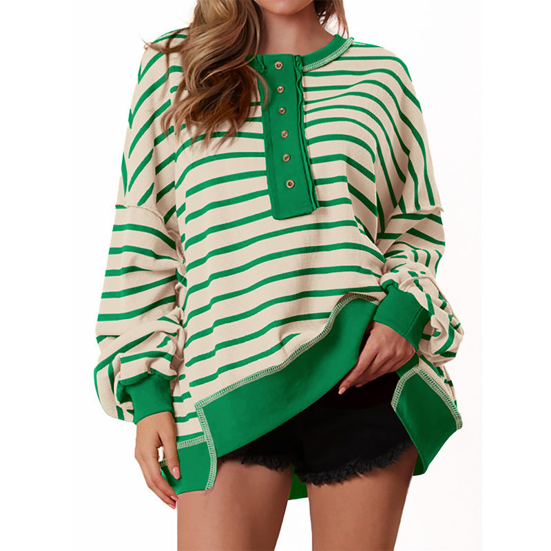 Women's Oversized Striped Waffle Knit Henley Tunic Top