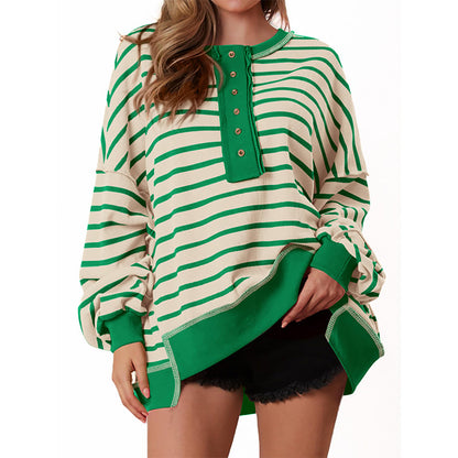 Women's Oversized Striped Waffle Knit Henley Tunic Top