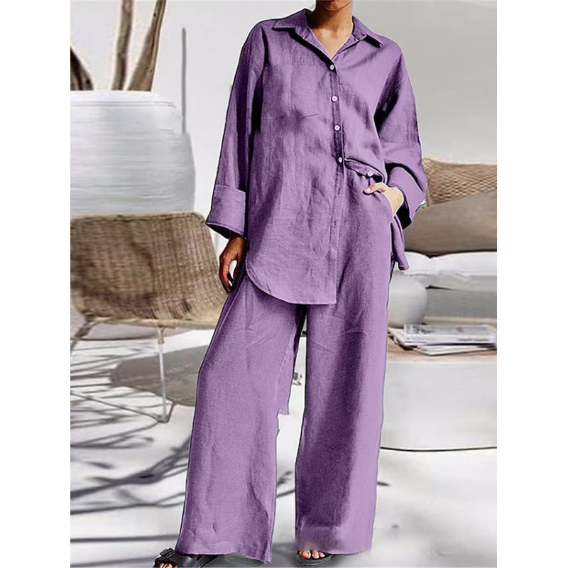 Linen Blend Button Shirt Pants Two Piece Set Casual Outfit