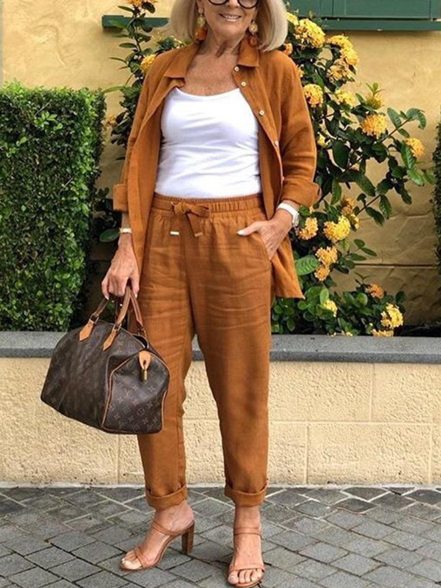 Women's Solid Relaxed Two Piece Pants Set Long Sleeve Top