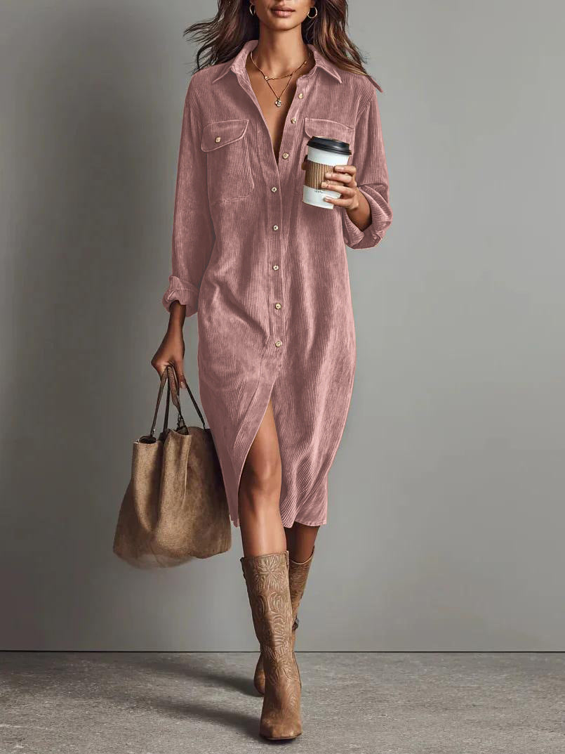 Women's Corduroy Shirt Dress Long Sleeve Button Down Midi