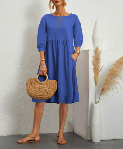 Cotton Linen Balloon Sleeve Midi Dress Pockets