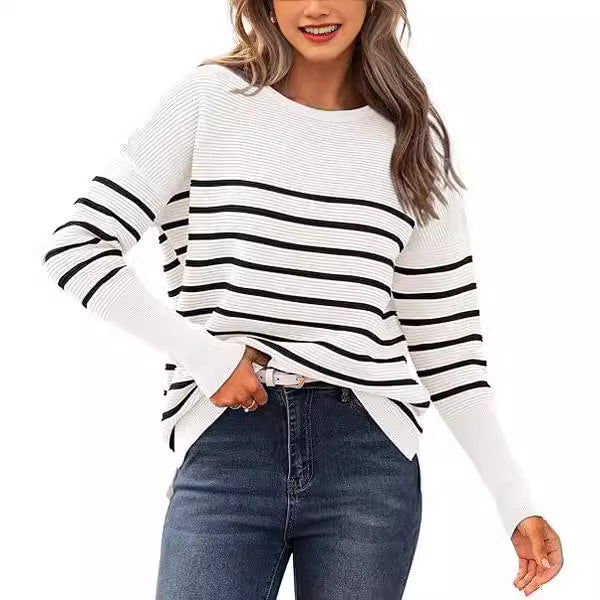 Women's Striped Crew Neck Pullover Knit Sweater