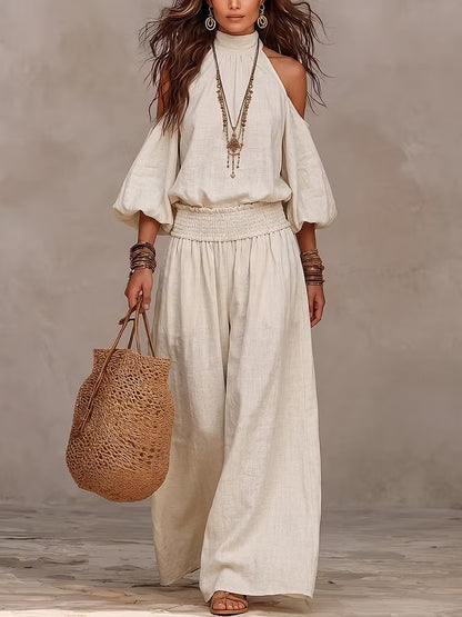 Women's Cold Shoulder Smocked Wide Leg Pants Two Piece Set