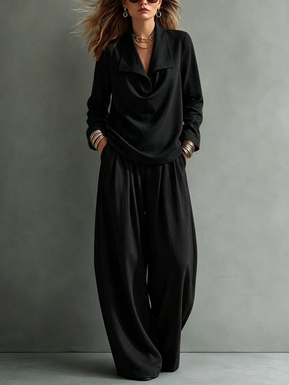 Women's Collared Sweatshirt Wide Leg Pants Lounge Set