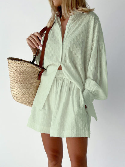 Women Textured Cotton Shirt Shorts Matching Set