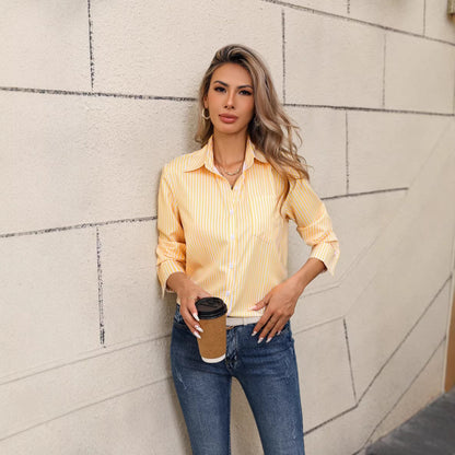 Women's Striped Long Sleeve Button Down Collared Shirt
