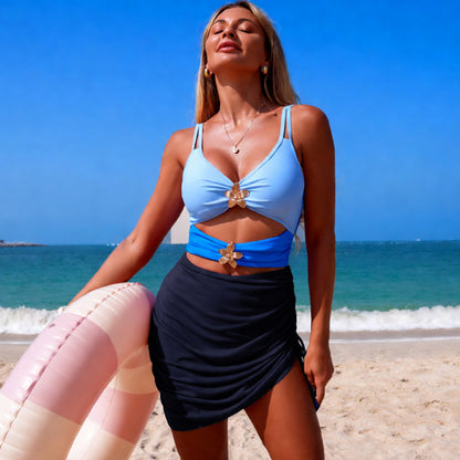 Color Block Cutout Swimsuit Set High Waisted Two Piece