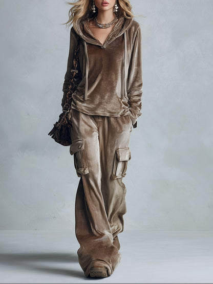 Women's Velvet Hoodie Cargo Pants Two Piece Set