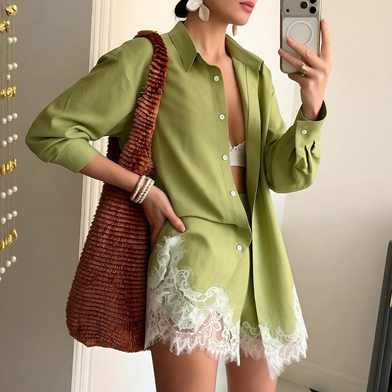 Women's Lace Trim Shirt and Shorts Matching Set