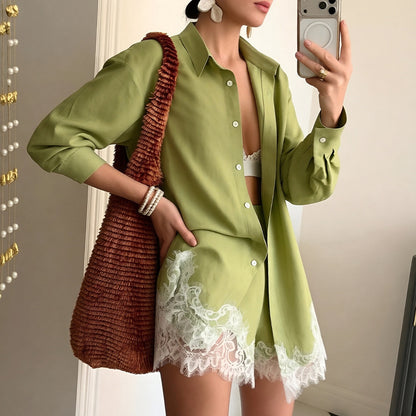 Women's Lace Trim Shirt and Shorts Matching Set