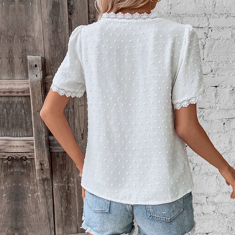 Lace Trim V Neck Swiss Dot Blouse Casual Summer Top