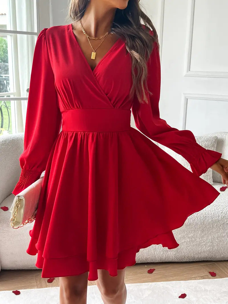Women's V Neck Long Sleeve Layered Ruffle Mini Dress