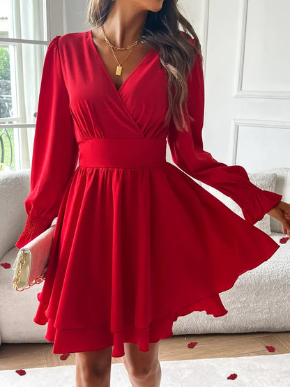 Women's V Neck Long Sleeve Layered Ruffle Mini Dress