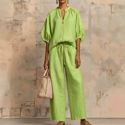 Women's Zip Front Bubble Sleeve Wide Leg Pants Set