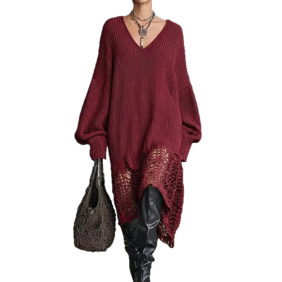 Oversized V-Neck Knit Sweater Dress Distressed Hem