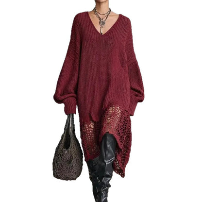 Oversized V-Neck Knit Sweater Dress Distressed Hem