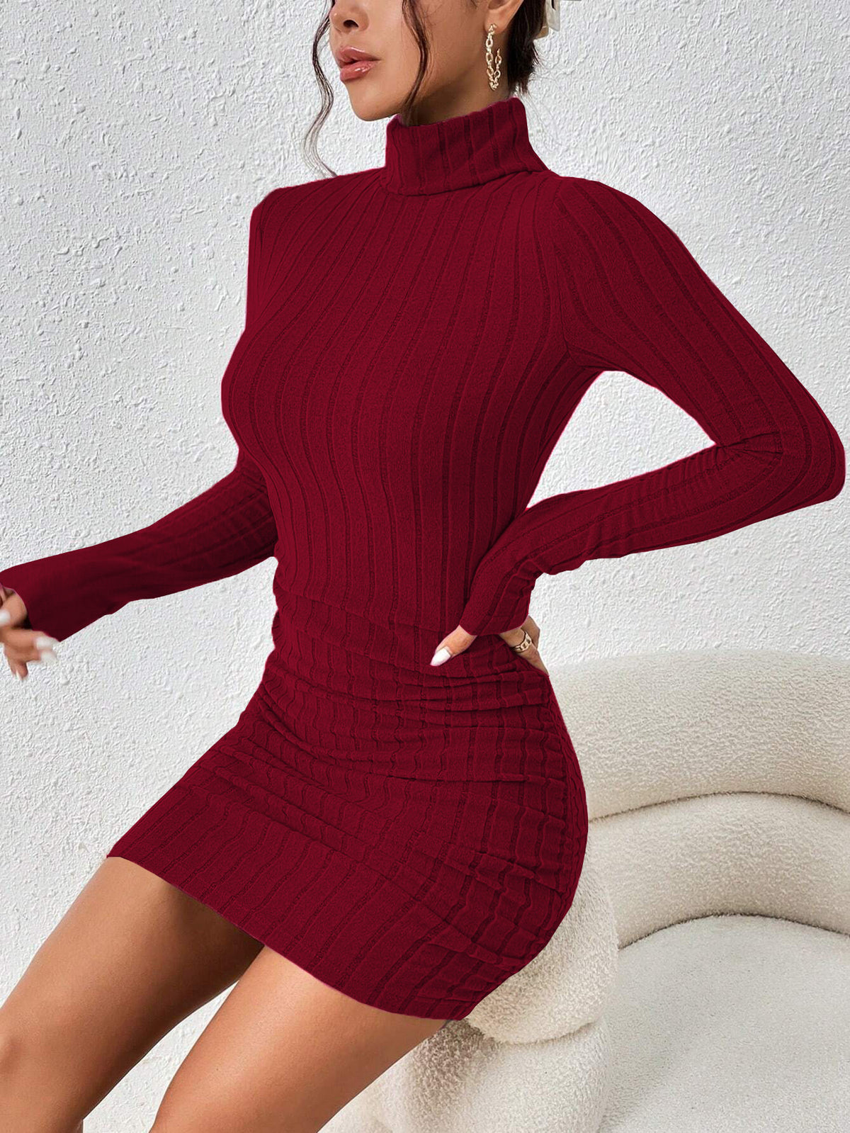 Ribbed Turtleneck Long Sleeve Bodycon Mini Dress