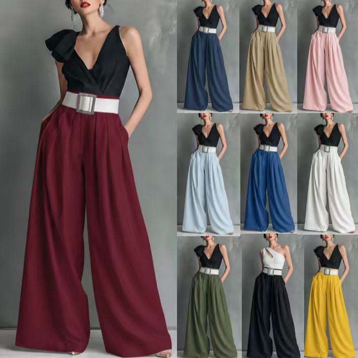Women's Belted High Waist Wide Leg Work Pants