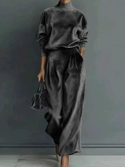 Women Elegant Mock Neck Wide Leg Pants Matching Set