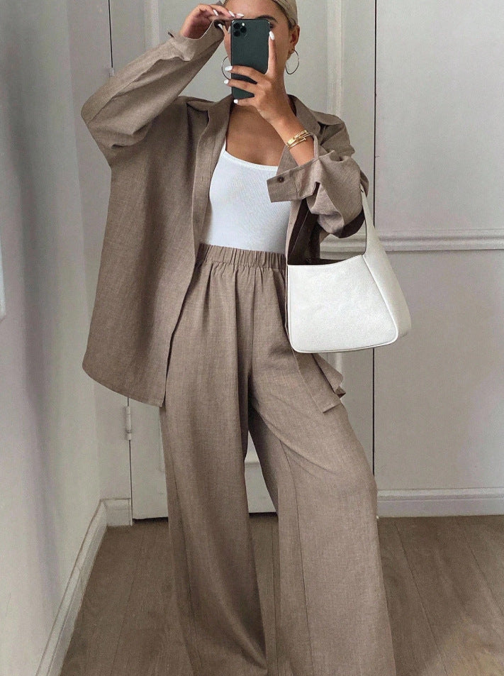 Linen Blend Button Down Shirt Wide Leg Pants Matching Set