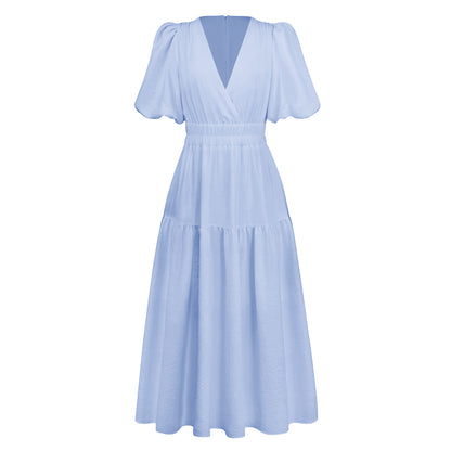 V-Neck Bubble Sleeve Holiday Dress American Fashion
