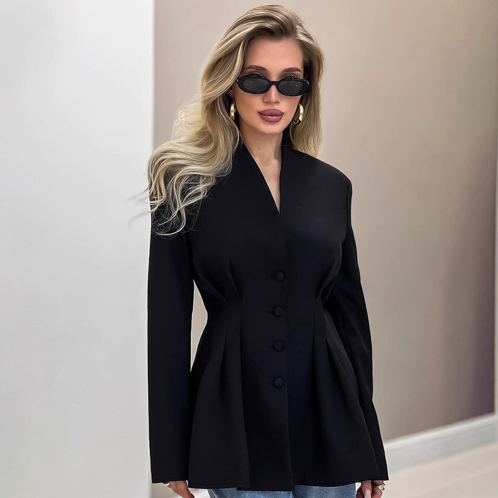 Women's Tailored V-Neck Cinched Waist Blazer Jacket