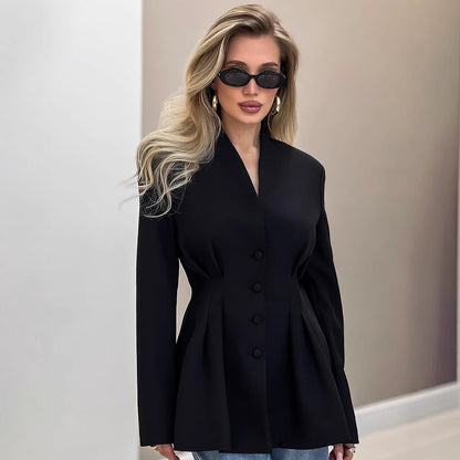 Women's Tailored V-Neck Cinched Waist Blazer Jacket