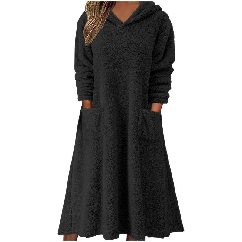 Cozy Oversized Fleece Hoodie Maxi Dress Pockets