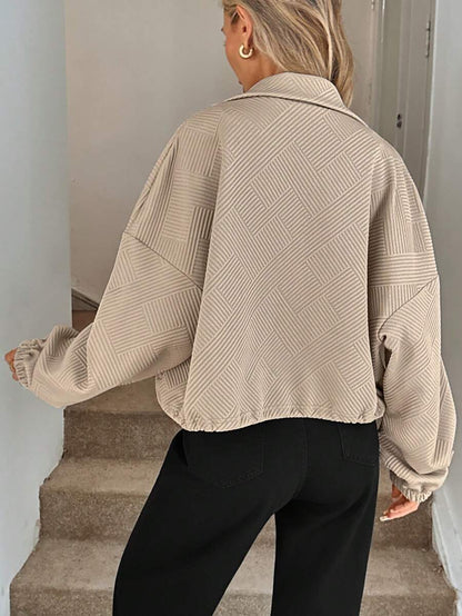 Textured Zip Up Bomber Jacket Drawstring Hem Casual Coat