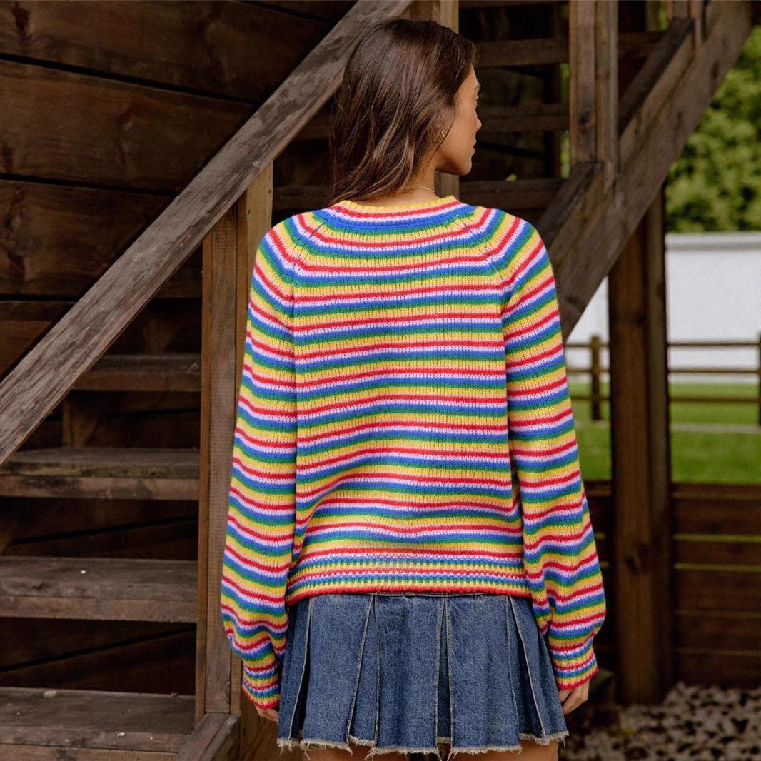 Women's Rainbow Striped Oversized Crewneck Sweater