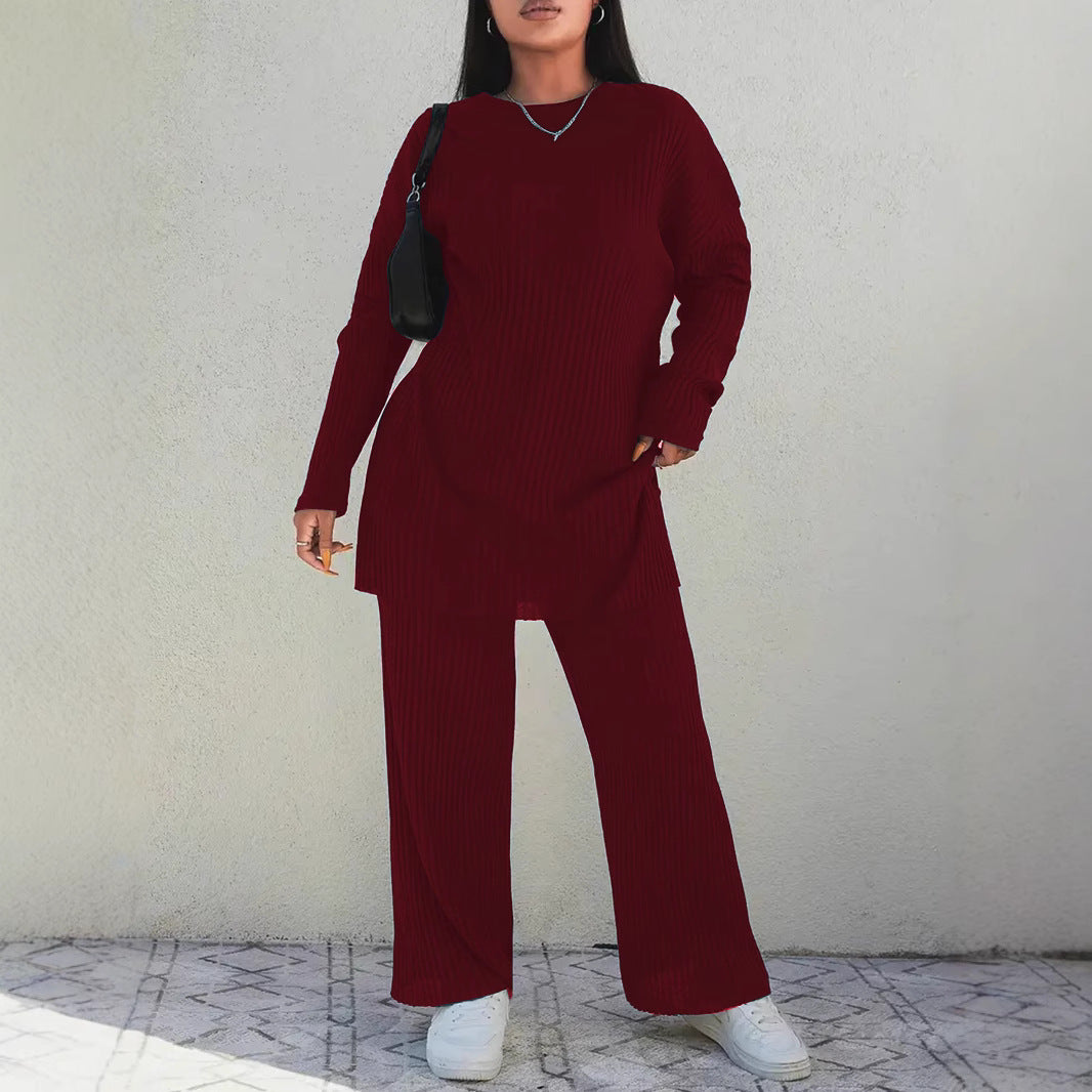 Solid Ribbed Knit Lounge Set with Wide Leg Pants
