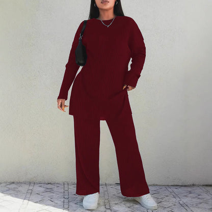 Solid Ribbed Knit Lounge Set with Wide Leg Pants