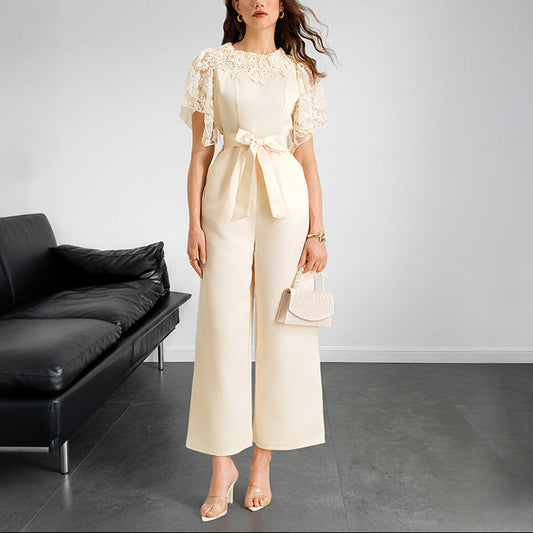 Elegant Lace Satin Wide Leg Belted Jumpsuit