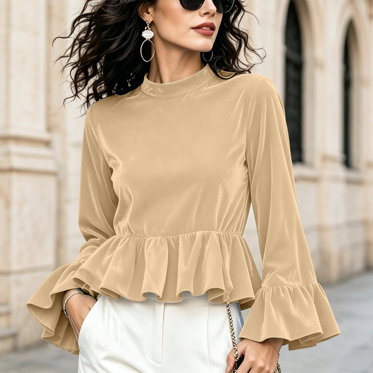 Women's Velvet Ruffle Bell Sleeve Peplum Top