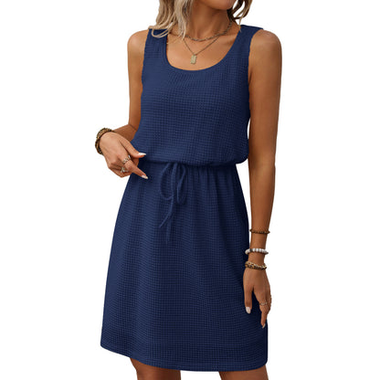 Waffle Knit Sleeveless Drawstring Waist Mini Dress