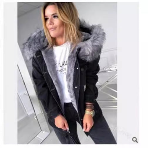 Women's Faux Fur Hooded Sherpa Lined Ripped Denim Jacket