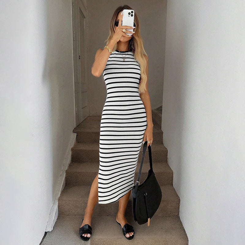Striped Sleeveless Bodycon Midi Dress Side Slit Casual Summer