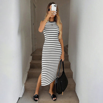 Striped Sleeveless Bodycon Midi Dress Side Slit Casual Summer