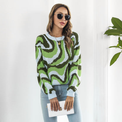 Women's Oversized Abstract Wave Crew Neck Sweater