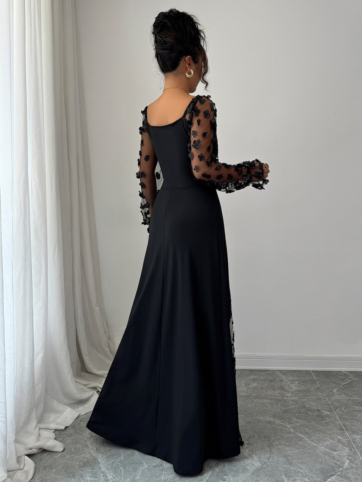 Floral Mesh Puff Sleeve Square Neck Maxi Dress