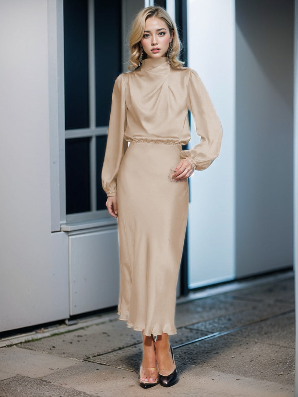 Elegant Satin Mock Neck Long Sleeve Midi Dress